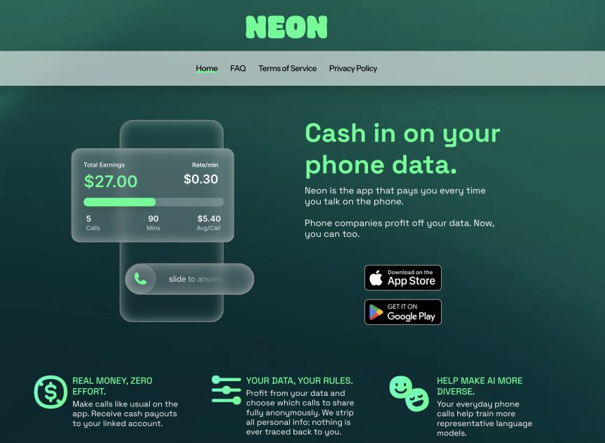 Neon, друга за популярністю соціальна програма в Apple App Store, виплачує користувачам гроші за запис телефонних розмов та продає дані компаніям штучного інтелекту