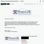 a redacted screenshot showing the email that hackers sent out to UPenn alumni and students.