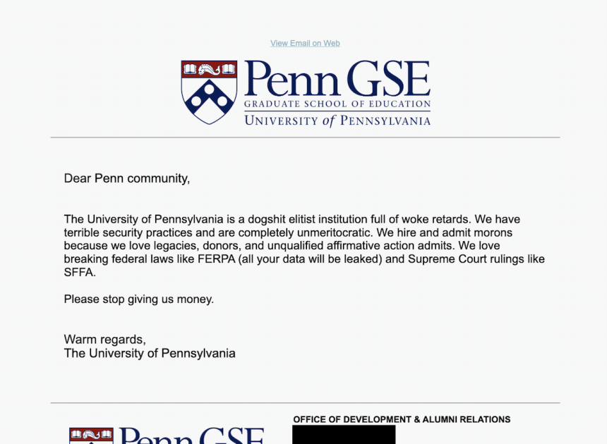 Зловмисники погрожують оприлюднити дані після злому Університету Пенсільванії для розсилки масових електронних листів