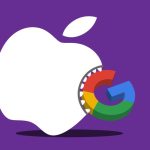 Image of an Apple logo with teeth biting the Google search logo.