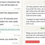 two screenshots side by side of a WhatsApp message, showing a malicious link to whatsapp-meeting.duckdns.org.